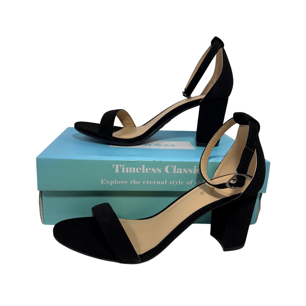 Ankis Women Black Faux Suede Block Heel Ankle Strap Sandals Size 7.5 Open Toe‎